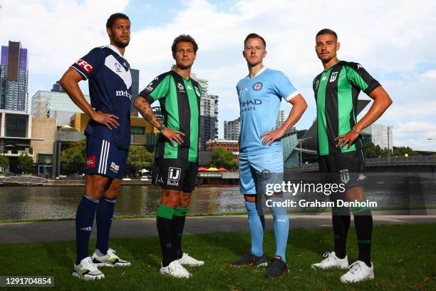 Rudy Gestede of Melbourne Victory, Alessandro Diamanti of Western United, Scott Jamieson of Melbourne City and Dylan Pierias of Western United pose...