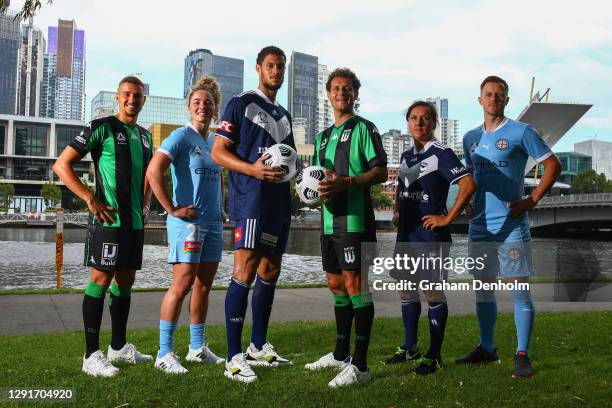 Dylan Pierias of Western United, Jenna McCormick of Melbourne City, Rudy Gestede of Melbourne Victory, Alessandro Diamanti of Western United, Lisa De...