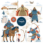 The Mongols. Set mongol nomad warriors flat characters. warriors, khan, sword, armor, genghis, steppe, shield, army, horse, arrow, rider, archer, horde, bow, emperor, yurt, bull, eagle. Flat style