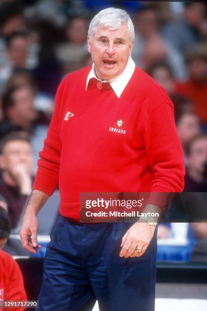 Head coach Bobby Knight of the Indiana Hoosiers looks on during a first round NCAA Tournament basketball game against the Oklahoma Sooners on March...