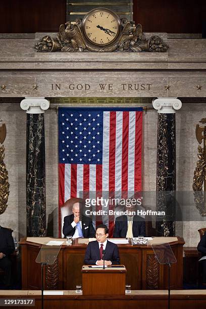 President Lee Myung-bak of South Korea , flanked by Vice President Joe Biden and Speaker of the House Rep. John Boehner , addresses a joint session...