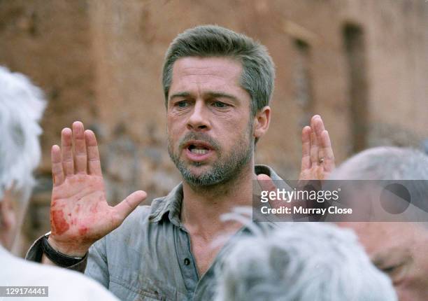 American actor Brad Pitt on location in Morocco for the filming of 'Babel', 2005. The film was directed by Alejandro Gonzalez Inarritu. In this scene...