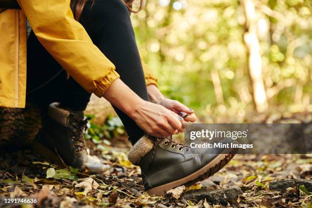 close up of woman sitting on log tying shoe lace on woodland path - woman boots fotografías e imágenes de stock