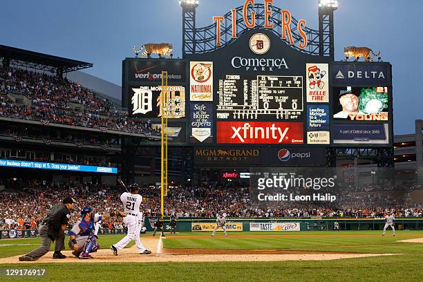 Delmon Young of the Detroit Tigers hits a two-run home run in the sixth inning of Game Five of the American League Championship Series against the...