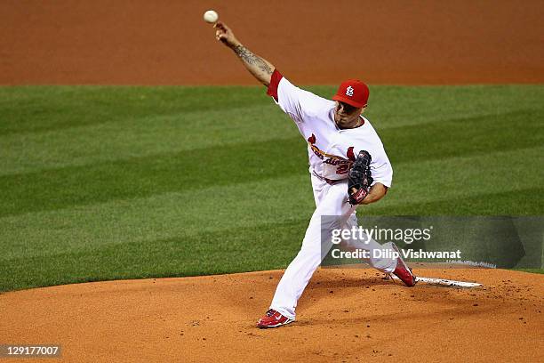 Kyle Lohse of the St. Louis Cardinals throws a pitch against the Milwaukee Brewers during Game 4 of the National League Championship Series at Busch...