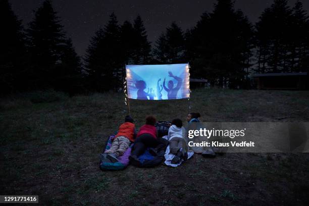 friends watching video on screen at campsite - projector photos et images de collection