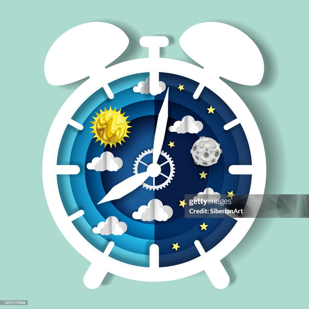 Paper Cut Craft Style Clock With Day And Night Sky On Dial Vector ...