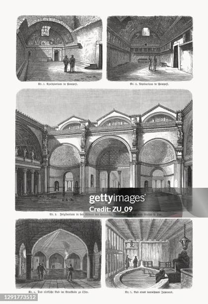historical bath houses, wood engravings, published in 1893 - hot springs drawing stock illustrations