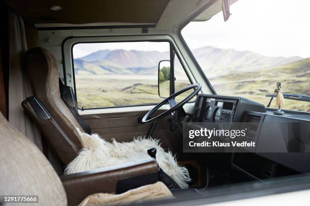 mountainous landscape seen through camper van - förarsäte bildbanksfoton och bilder