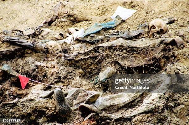 The bodies of dozens of Bosnian Moslem men lie at the bottom of a mass grave outside the Bosnian village of Srebrenica, Bosnia, on Wednesday, June...