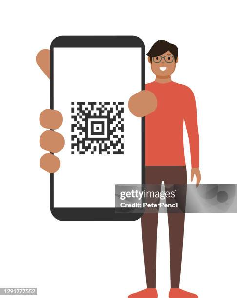 man showing a smart phone screen with qr code. cartoon vector stock illustration - large touch screen stock illustrations