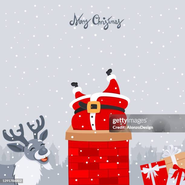 stockillustraties, clipart, cartoons en iconen met de kerstman die in schoorsteen wordt geplakt. - vastzitten