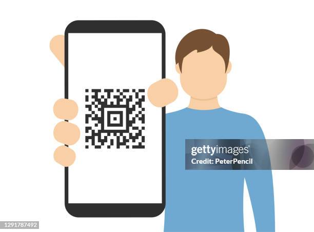 man showing a smart phone screen with qr code. cartoon vector stock illustration - large digital screen stock illustrations