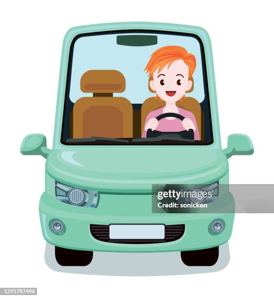girl driving car - steering wheel stock illustrations