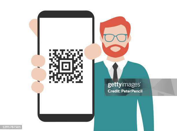 man showing a smart phone screen with qr code. cartoon vector stock illustration - large interactive display stock illustrations