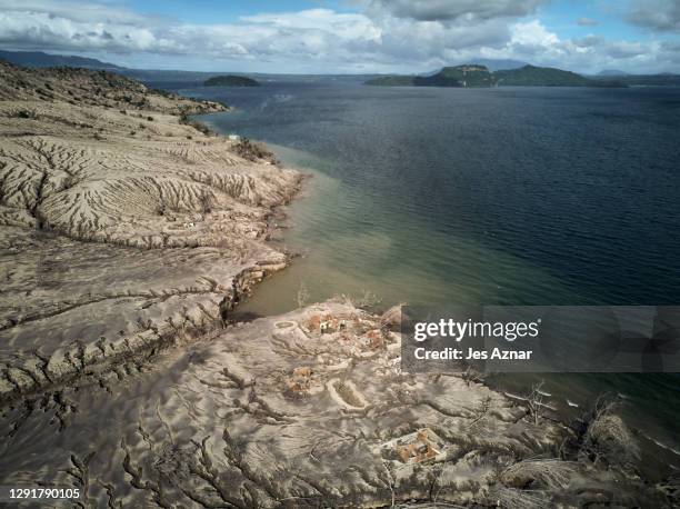 An aerial view of what was left of Balete village after the eruption of Taal volcano, on December 15, 2020 in Balete, Batangas, Philippines. The Taal...