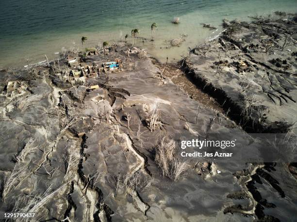 An aerial view of what was left of Balete village after the eruption of Taal volcano, on December 15, 2020 in Balete, Batangas, Philippines. The Taal...