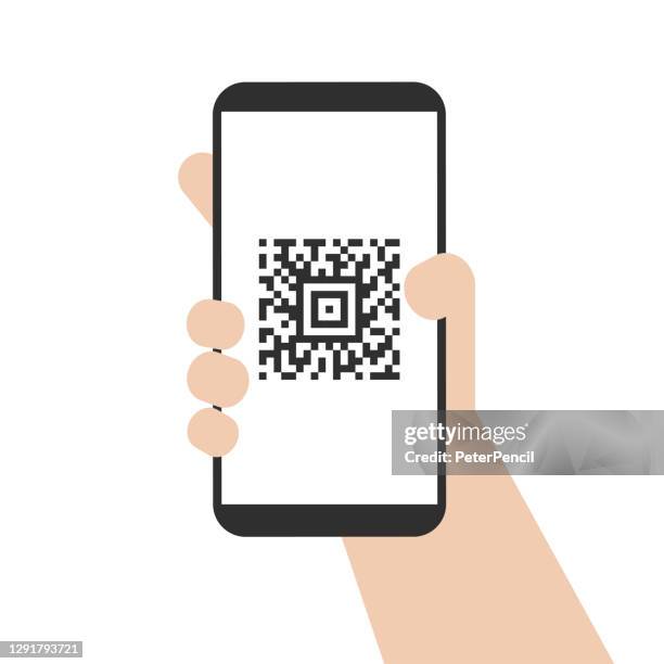 stockillustraties, clipart, cartoons en iconen met hand die smartphone met qr code op het scherm houdt. vectorillustratie van mobiele telefoon in hand. geïsoleerd op witte achtergrond. sjabloon - hold