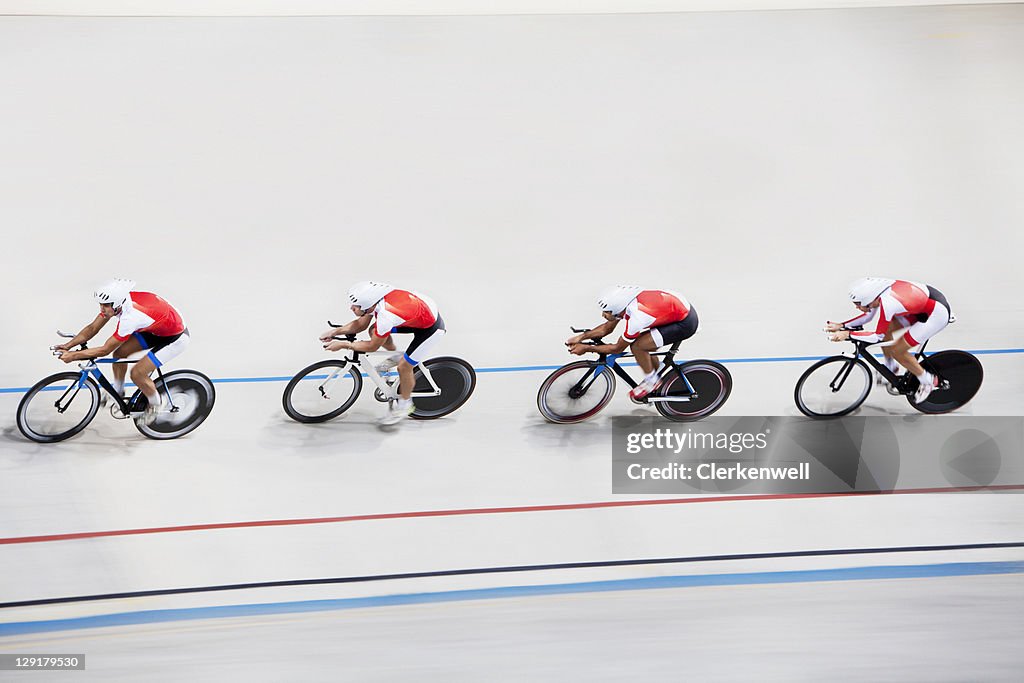 High angle view of competitors in bicycle race