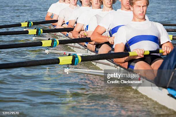 team of men oaring canoe - coxswain stock pictures, royalty-free photos & images