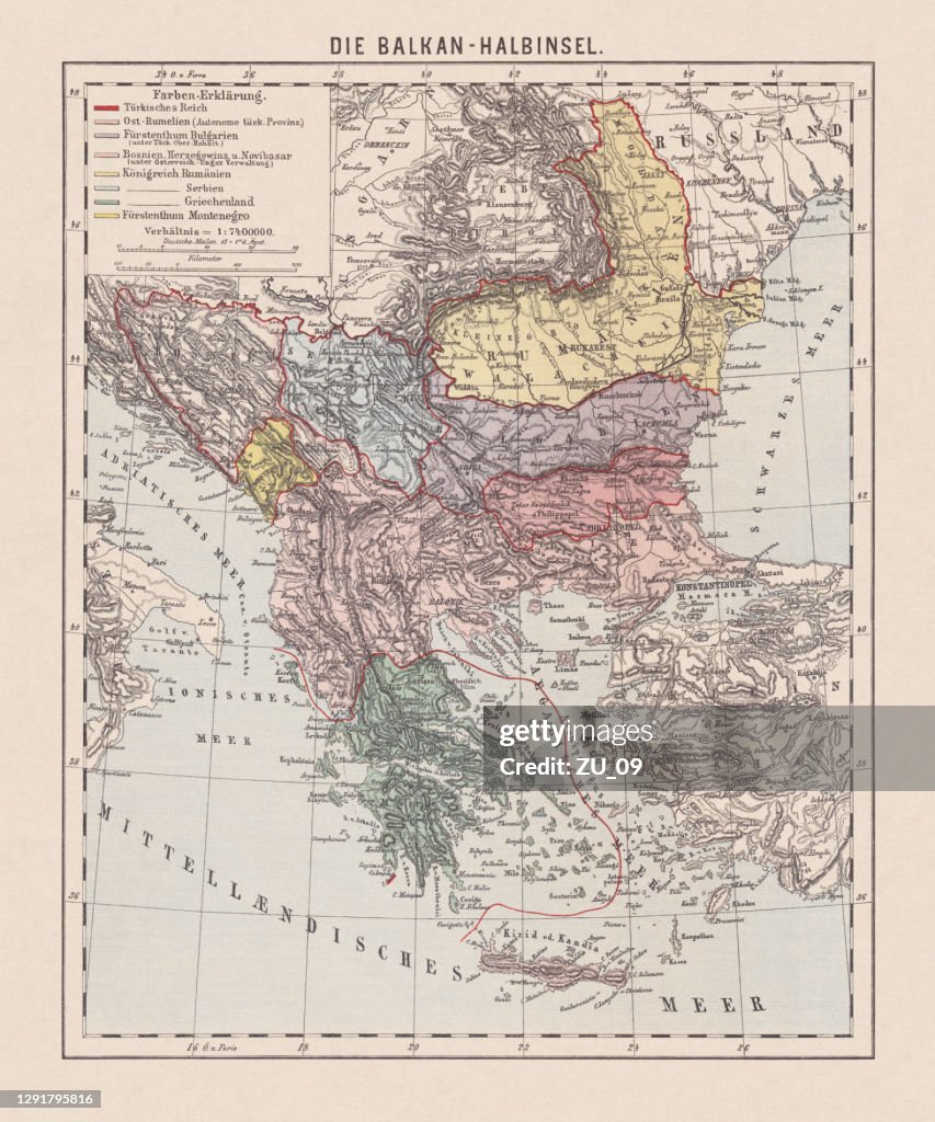 Map of the Balkan Peninsula, late 19th century, lithograph, 1893