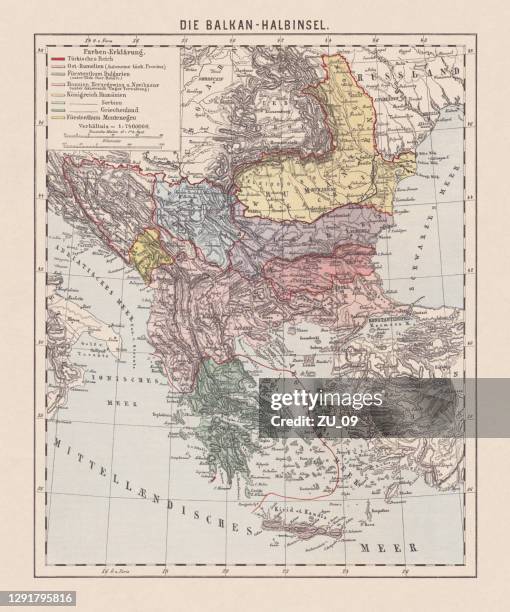 map of the balkan peninsula, late 19th century, lithograph, 1893 - romania stock illustrations