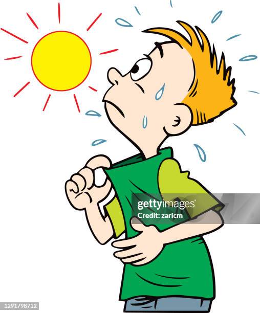 boy sweats in very hot summer days. - hyperthermia stock illustrations