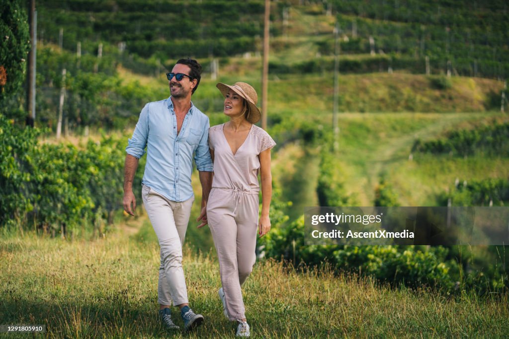 Couples marchent par le vignoble le matin