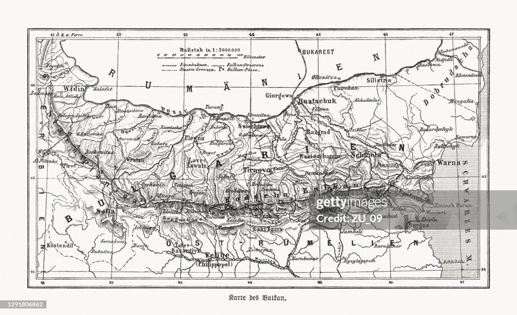 Topographic map of the Balkan Mountains, wood engraving, published 1893