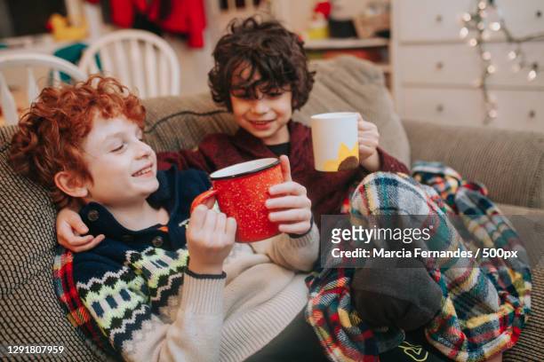 two young boys in cozy holiday setting indoors drinking hot chocolate,victoria,british columbia,canada - cosy christmas stock pictures, royalty-free photos & images