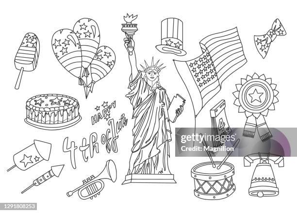 ilustraciones, imágenes clip art, dibujos animados e iconos de stock de día de la independencia 4 de julio doodles set - statue of liberty drawing