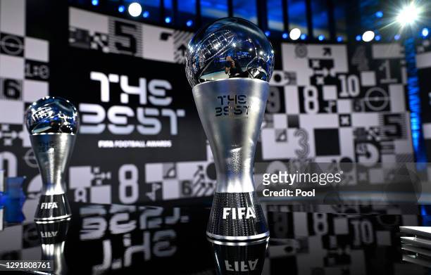 The Best FIFA Women's Player and The Best FIFA Men's Player awards are seen prior to the The Best FIFA Football Awards on December 17, 2020 in...
