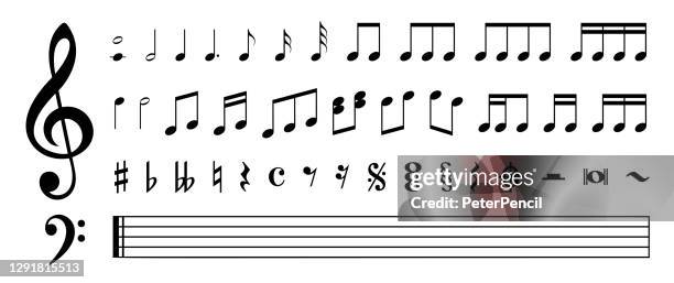 ilustraciones, imágenes clip art, dibujos animados e iconos de stock de conjunto de notas y símbolos musicales - ilustración vectorial de stock - nota