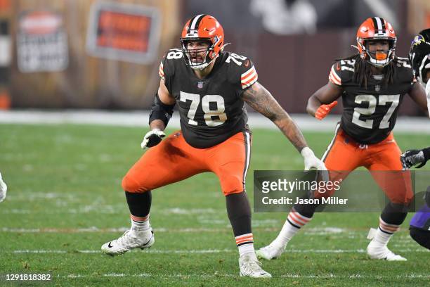 Offensive tackle Jack Conklin of the Cleveland Browns blocks during the second half against the Baltimore Ravens at FirstEnergy Stadium on December...
