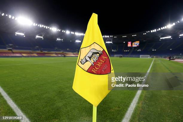 Detailed view of a corner flag inside the stadium ahead of the Serie A match between AS Roma and Torino FC at Stadio Olimpico on December 17, 2020 in...