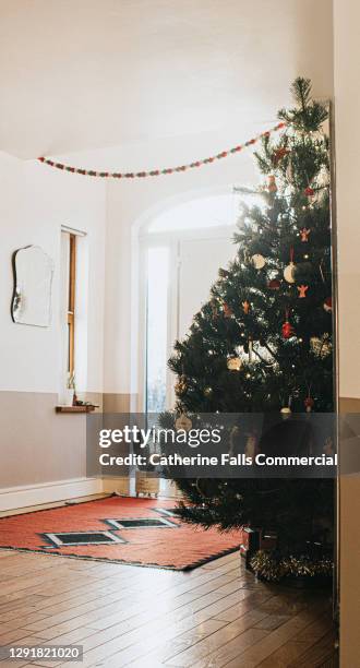 large decorated christmas tree in a hallway - gross domestic product stock-fotos und bilder