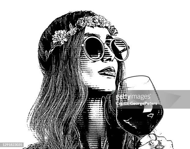 ワインのグラスを飲むボホヒッピーの女性。 - ソムリエ点のイラスト素材／クリップアート素材／マンガ素材／アイコン素材