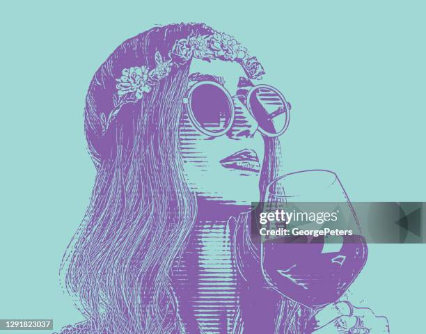boho hippie frau trinken glas wein. - blauer spätburgunder traube stock-grafiken, -clipart, -cartoons und -symbole