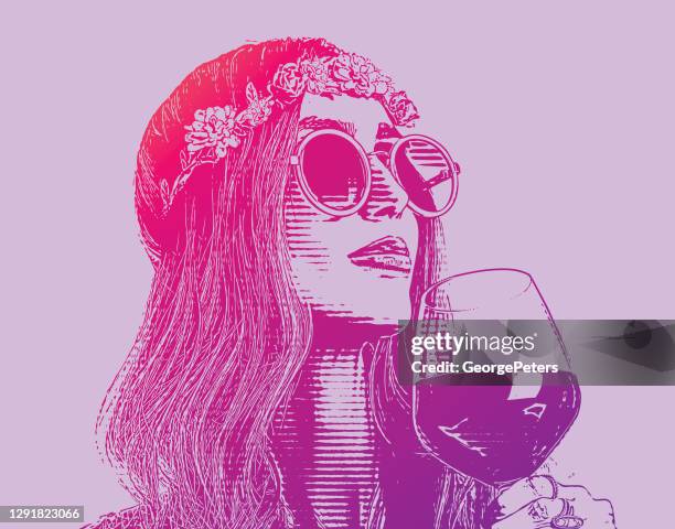 boho hippie woman drinking glass of wine. - boho stock illustrations