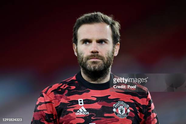 Juan Mata of Manchester United looks on during the warm up ahead of the Premier League match between Sheffield United and Manchester United at...