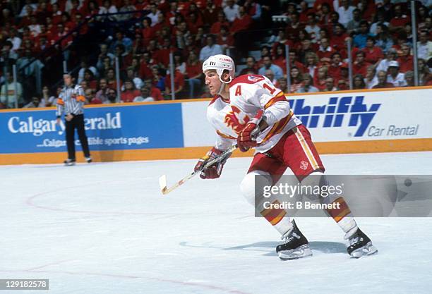 Tim Hunter of the Calgary Flames skates on the ice during the 1989 Stanley Cup Finals against the Montreal Canadiens in May, 1989 at the Olympic...