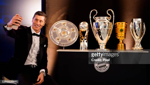 Robert Lewandowski of FC Bayern Muenchen is pictured awaiting the decision of the FIFA Men's Player 2020 during the FIFA The BEST Awards ceremony on...