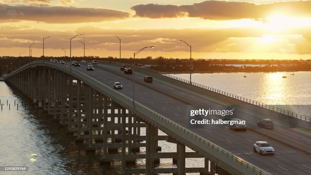 Rickenbacker Causeway and Viriginia Key, Miami at Sunrise - Aerial