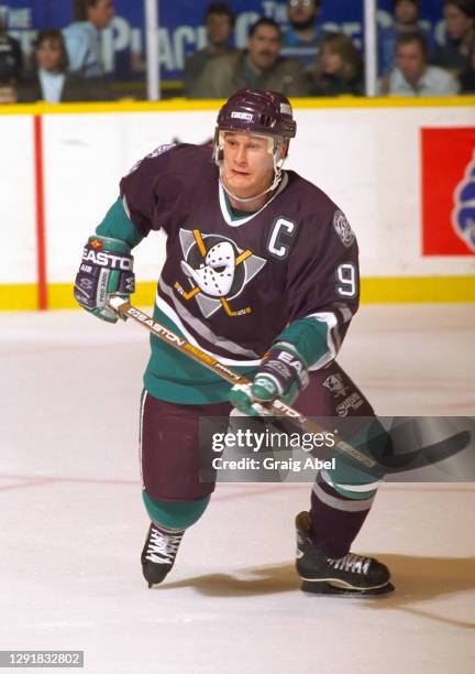 Paul Kariya of the Mighty Ducks of Anaheim skates against the Toronto Maple Leafs during NHL game action on October 5, 1996 at Maple Leaf Gardens in...