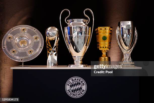 Picture shows the FC Bayern Muenchen trophies the club won in the 2019/2020 season placed on the stage for the live stream of the FIFA The BEST...