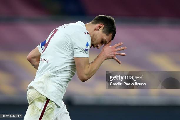 Andrea Belotti of Torino celebrates after scoring their sides first goal during the Serie A match between AS Roma and Torino FC at Stadio Olimpico on...