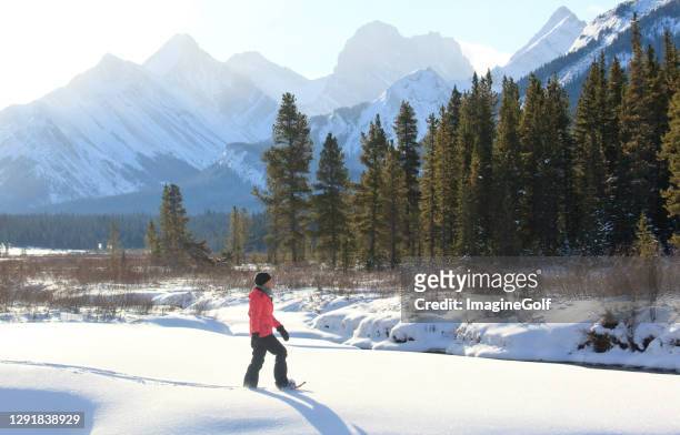 kaukasische frau schneeschuhwandern in den kanadischen rockies - kananaskis stock-fotos und bilder