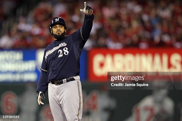 Prince Fielder of the Milwaukee Brewers gestures after he hit a double in the top of the fourth inning against the St. Louis Cardinals during Game 4...