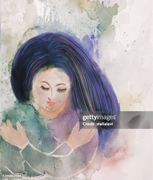 self hug - woman embracing herself - watercolor painting - violet manners stock illustrations