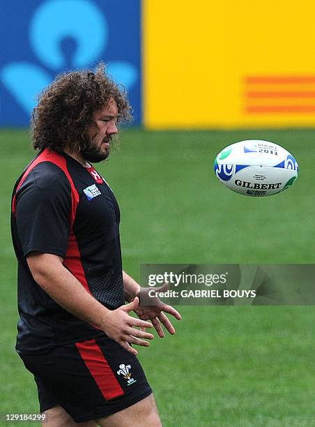 Wales' prop Adam Jones attends the captain's run at Eden Park in Auckland on October 14 on the eve of their 2011 Rugby World Cup semifinal against...